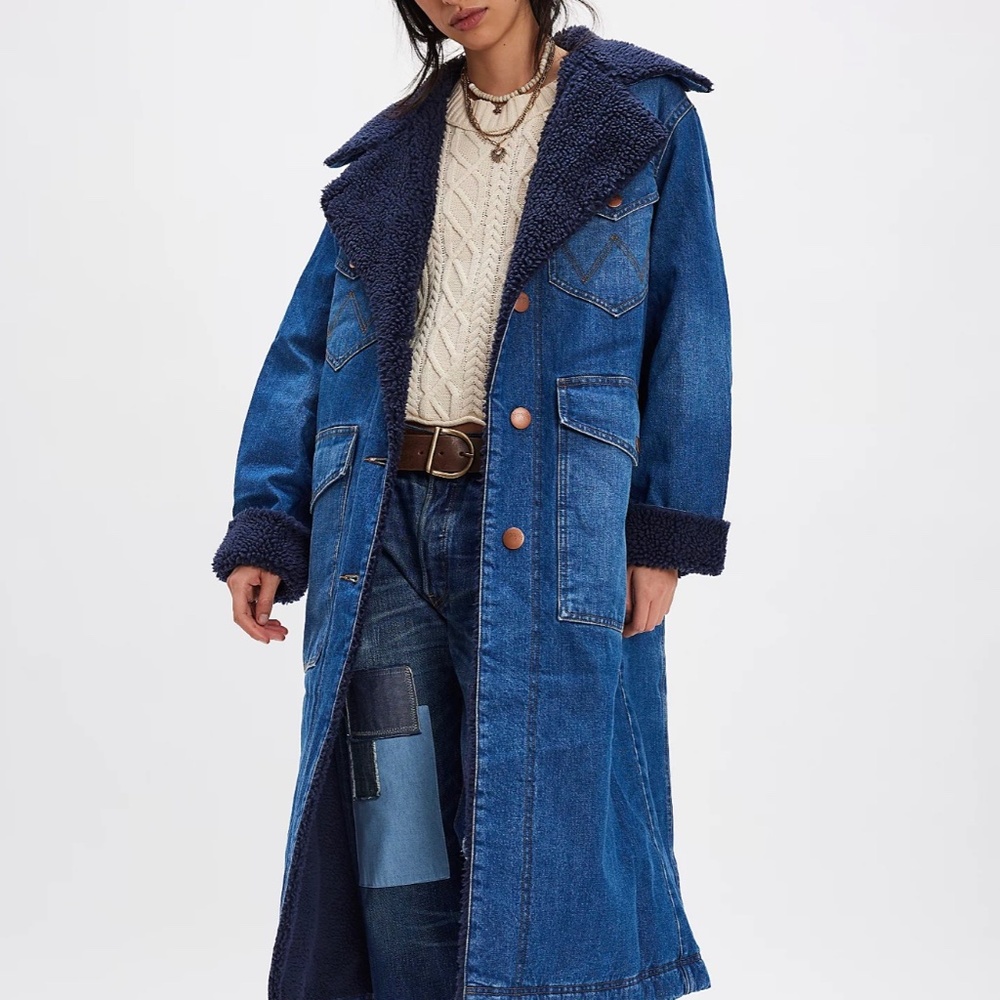 BNWT Free People Anthropologie Wrangler Wrange Sherpa-Fleece Lined Denim Coat S